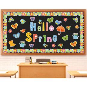 Hello Spring Bulletin Board Set Spring Classroom Decoration Flower Bulletin Border Butterfly Bird Bee Cutouts Bulletin Board Spring Colorful Wall Decals for Kids Classroom School Game Home Decor