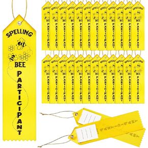 25 Pcs Spelling Bee Participant Award Ribbons with Card and String Yellow Participation Ribbon Spelling Bee Medal Ribbons Participant Prize Ribbons for Kids Spelling Bee Competition Event, 2 x 8 Inch