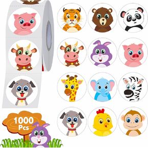 1000 PCS Round Animal Stickers, 12 Designs Cute Land Animals Animals Stickers Water/Tear Resistant with No Residue Reward for Teacher Kids Students School Classroom Party Decoration (1" in Diameter)