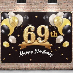 Happy 69th Birthday Banner Backdrop - 69 Birthday Party Decorations Supplies for Men - Black Gold 4 x 6ft