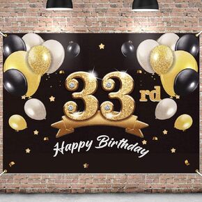 Happy 33rd Birthday Banner Backdrop - 33 Birthday Party Decorations Supplies for Men - Black Gold 4 x 6ft