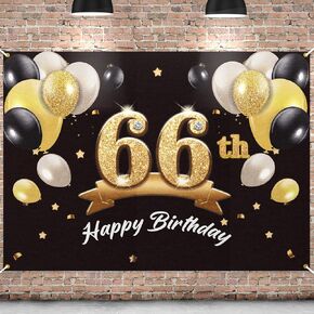 Happy 66th Birthday Banner Backdrop - 66 Birthday Party Decorations Supplies for Men - Black Gold 4 x 6ft