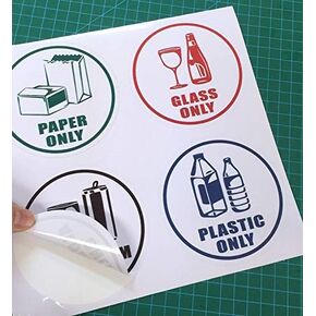 Paper Only, Glass Only, Aluminum Only, Plastic Only - Recycle Sign Adhesive Vinyl Label Decal Sticker for Trash cans - Each Round Sticker Size 4" X 4"