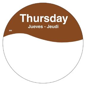 DayMark Safety Systems MoveMark IT110108 Day of The Week Trilingual Removable Label, Thursday, 3" Circle, Brown, Roll of 500