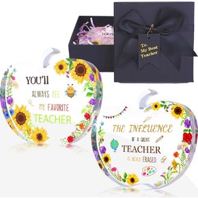 Teacher Appreciation Gift Signs 2 Pcs Acrylic Keepsake Paperweight Plaque Thank You Teacher Apple Shape Acrylic Sign for Teacher Appreciation Day Graduation Retirement Gifts (Pink Flower)