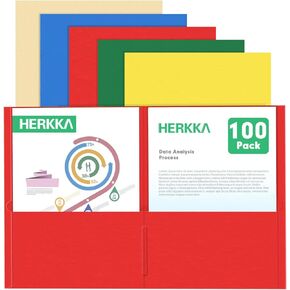 Two Pocket Folder, HERKKA 100 Pack 2 Pocket Folders, Letter Size Paper Folders Designed for Office and Classroom Use, Assorted 5 Colors