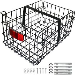Folding Rear Bike Basket, Quickly Release Metal Bicycle Rack Cargo Basket with Strap & Reflective Tail Light for Most Mounted Bike Rack