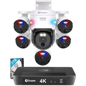 Swann 4K UHD Home Security Camera System, 8Ch NVR with 2TB HDD, 6 Indoor Outdoor Bullet & PT IP Cameras, PoE Wired, Video Analytics, 2-Way Audio, Sirens, Color Night Vision, True Detect, 890005B1PT