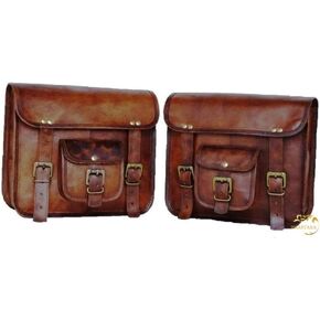 Motorcycle Large Saddle Tan color Studed 2 Strap Real leather Saddlebag Biker Bag