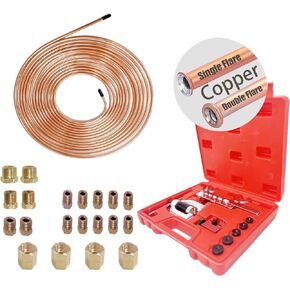 Brake Line Tubing with Tool Kit-25 ft 3/16 Copper Coated Brake Line Kit (Includes 16 Fittings and 4 Unions Brake Line Fittings) + Double & Single Flaring Tool Kit