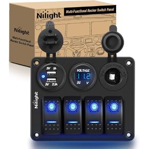 Nilight - 90117G 4 Gang Rocker Switch Panel Waterproof Pre-Wired Aluminum Switch Panel with Dual USB Cigarette Lighter Socket Voltmeter12V-24V DC ON Off Switch Panel for Cars Rvs Trucks, Blue