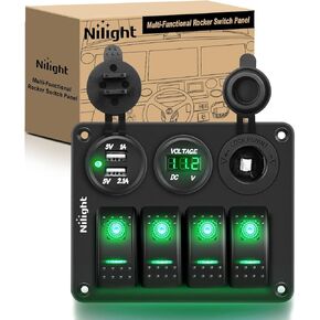 Nilight - 90117G 4 Gang Rocker Switch Panel Waterproof Pre-Wired Aluminum Switch Panel with Dual USB Cigarette Lighter Socket Voltmeter12V-24V DC ON Off Switch Panel for Cars Rvs Trucks, Blue