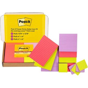 Post-it Super Sticky Notes, Bright Color Collection (Pink, Purple, Green), 12 Pads/Pack, 90 Sheets/Pad, Assorted Sizes (4642-12SSMX)