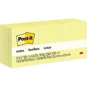 Post-it Notes, 1 /3/8 x 1 7/8 in, 12 Sticky Notes Pads, 100 Sheets per Pad, Canary Yellow, The Original Post-it Note, School Supplies and Oﬃce Products