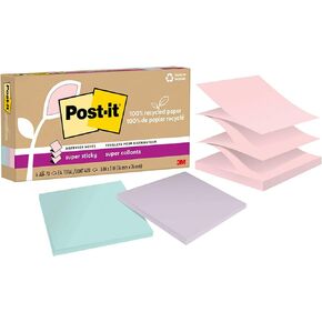 Post-it 100% Recycled Paper Super Sticky Pop-up Notes, 2X the Sticking Power, 3x3 in, 6 Pads/Pack, Wanderlust Pastels Collection