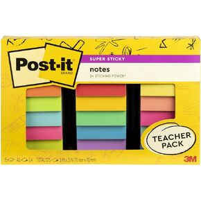 Post-it Super Sticky Notes Teacher Pack, Assorted Colors, 3 in. x 3 in., 15 Pads/Pack, 45 Sheets/Pad (654-15SSBTS-SR)