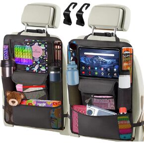 Back Seat Car Organizer for Kids with 2 Headrest Hooks, Kick Mats Water Proof Seat Protector with Touch Screen Tablet Holder, Car Organizer Back Seat with 9 Pockets for Bottles, Toys, Books, Tablets