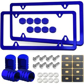 Red License Plate Frames Aluminum Front & Rear Car Tag Covers for Men Women 2 Pack 4 Hole Thin Slim Holders with Mounting Hardware Kit Stainless Steel Screws, Rattle Proof Pads, Tire Valve Caps