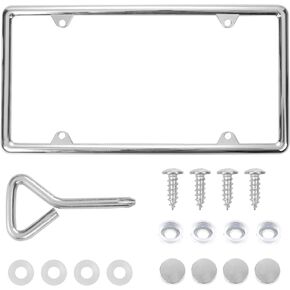 Chrome License Plate Frame Made of Zinc Alloy Metal, Universal Car Accessories,1 Pack License Plate Holder Never Rust and Unbreakable with Metal Screws, Chrome Caps and Screwdriver