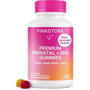 Pink Stork Premium Prenatal Gummy Vitamins with DHA, Folate, and Vitamin D - Multivitamin and Nutrient Blend for Neural Tube and Fetal Brain Development - Pregnancy Must Haves - 60 Vegan Gummies