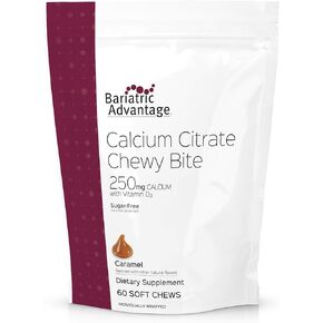 Bariatric Advantage Calcium Citrate Chewy Bites 250mg with Vitamin D3 for Bariatric Surgery Patients Including Gastric Bypass and Sleeve Gastrectomy, Sugar Free - Caramel Flavor, 60 Count