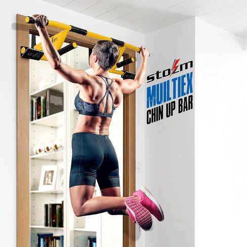 STOZM MultiEx Chin Up Bar - شريط الذقن في المدخل مع خيارات ألوان متعددة، وقدرة على الدفع لأعلى، وأوضاع قبضة محمية من TPE، وآلية قفل ذكية وسعة وزن 450 رطلاً in Saudi Arabia