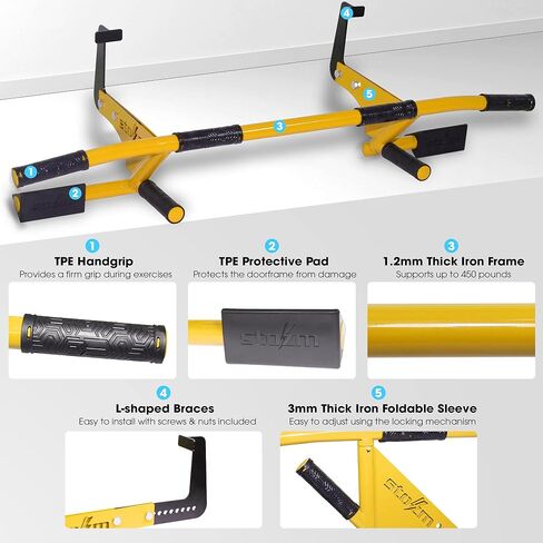 STOZM MultiEx Chin Up Bar - شريط الذقن في المدخل مع خيارات ألوان متعددة، وقدرة على الدفع لأعلى، وأوضاع قبضة محمية من TPE، وآلية قفل ذكية وسعة وزن 450 رطلاً in Saudi Arabia