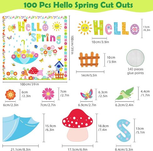 100 Pcs Spring Bulletin Board Decoration Hello Spring Flower Butterfly Cut-Outs Bulletin Board Decoration for School Classroom Game Party Supplies in Kuwait