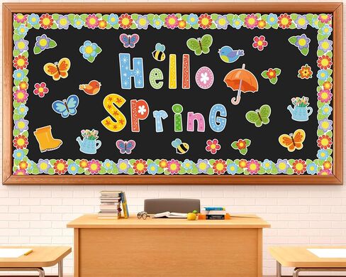 Hello Spring Bulletin Board Set Spring Classroom Decoration Flower Bulletin Border Butterfly Bird Bee Cutouts Bulletin Board Spring Colorful Wall Decals for Kids Classroom School Game Home Decor in Saudi Arabia