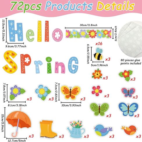 Hello Spring Bulletin Board Set Spring Classroom Decoration Flower Bulletin Border Butterfly Bird Bee Cutouts Bulletin Board Spring Colorful Wall Decals for Kids Classroom School Game Home Decor in Saudi Arabia