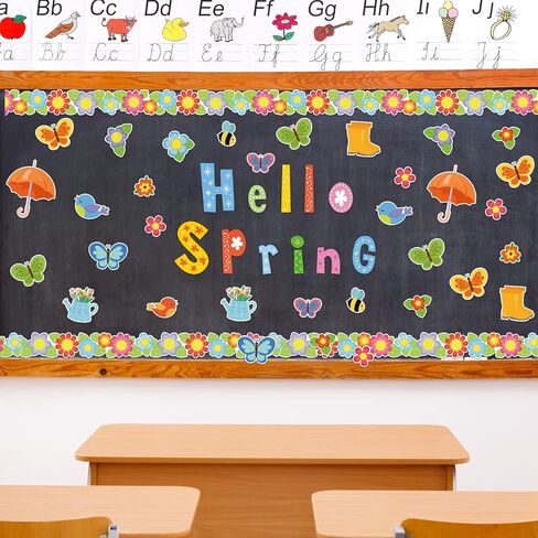 Hello Spring Bulletin Board Set Spring Classroom Decoration Flower Bulletin Border Butterfly Bird Bee Cutouts Bulletin Board Spring Colorful Wall Decals for Kids Classroom School Game Home Decor in Saudi Arabia