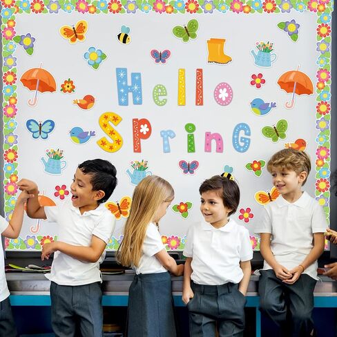Hello Spring Bulletin Board Set Spring Classroom Decoration Flower Bulletin Border Butterfly Bird Bee Cutouts Bulletin Board Spring Colorful Wall Decals for Kids Classroom School Game Home Decor in Saudi Arabia