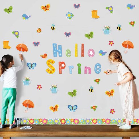 Hello Spring Bulletin Board Set Spring Classroom Decoration Flower Bulletin Border Butterfly Bird Bee Cutouts Bulletin Board Spring Colorful Wall Decals for Kids Classroom School Game Home Decor in Saudi Arabia