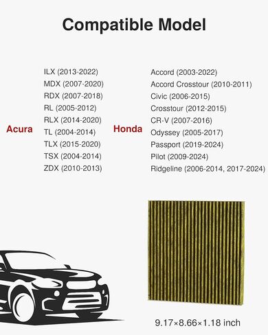 فلتر هواء المقصورة مع الكربون المنشط، متوافق مع Honda، CR-V، Civic، Accord، Odyssey، Pilot، Crosstour، Passport، Acura ILX، MDX، RDX، RLX، TLX، TSX، ZDX، بديل لـ CP134، CF10134 in Kuwait