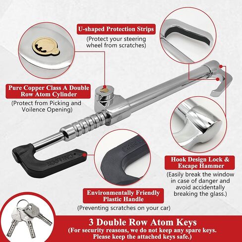 قفل عجلة القيادة عالي التحمل مضاد للسرقة، فضي، قفل دواسة فرامل صلبة، طول قابل للتعديل، مناسب عالمي للسيارات والشاحنات والقوافل وشاحنات الدفع الرباعي، مع 3 مفاتيح in Kuwait