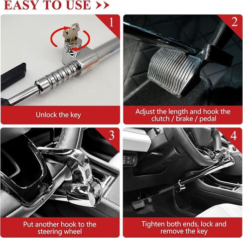 قفل عجلة القيادة عالي التحمل مضاد للسرقة، فضي، قفل دواسة فرامل صلبة، طول قابل للتعديل، مناسب عالمي للسيارات والشاحنات والقوافل وشاحنات الدفع الرباعي، مع 3 مفاتيح in Kuwait