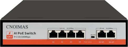 4 Port PoE Switch, (4*10/100Mbps PoE Port+2*100Mbps Uplink), AI Watchdog, 6KV Lightning Protection, Vlan, Extend 250meters, Unmanaged Plug and Play, Metal Fanless, 65W Built-in Power Supply in Saudi Arabia