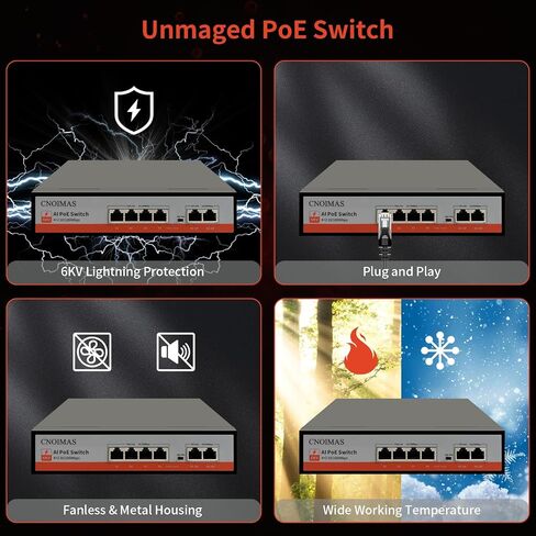 4 Port PoE Switch, (4*10/100Mbps PoE Port+2*100Mbps Uplink), AI Watchdog, 6KV Lightning Protection, Vlan, Extend 250meters, Unmanaged Plug and Play, Metal Fanless, 65W Built-in Power Supply in Saudi Arabia