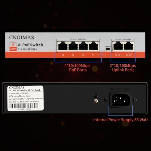4 Port PoE Switch, (4*10/100Mbps PoE Port+2*100Mbps Uplink), AI Watchdog, 6KV Lightning Protection, Vlan, Extend 250meters, Unmanaged Plug and Play, Metal Fanless, 65W Built-in Power Supply in Saudi Arabia