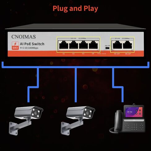 4 Port PoE Switch, (4*10/100Mbps PoE Port+2*100Mbps Uplink), AI Watchdog, 6KV Lightning Protection, Vlan, Extend 250meters, Unmanaged Plug and Play, Metal Fanless, 65W Built-in Power Supply in Saudi Arabia