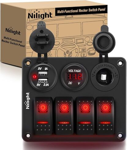 Nilight - 90117G 4 Gang Rocker Switch Panel Waterproof Pre-Wired Aluminum Switch Panel with Dual USB Cigarette Lighter Socket Voltmeter12V-24V DC ON Off Switch Panel for Cars Rvs Trucks, Blue in Saudi Arabia