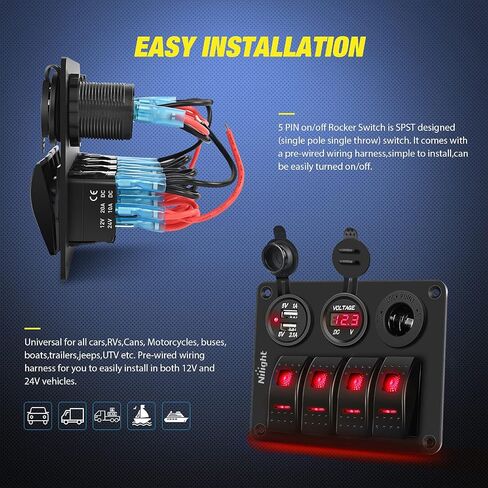 Nilight - 90117G 4 Gang Rocker Switch Panel Waterproof Pre-Wired Aluminum Switch Panel with Dual USB Cigarette Lighter Socket Voltmeter12V-24V DC ON Off Switch Panel for Cars Rvs Trucks, Blue in Saudi Arabia