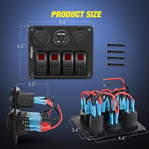 Nilight - 90117G 4 Gang Rocker Switch Panel Waterproof Pre-Wired Aluminum Switch Panel with Dual USB Cigarette Lighter Socket Voltmeter12V-24V DC ON Off Switch Panel for Cars Rvs Trucks, Blue in Saudi Arabia