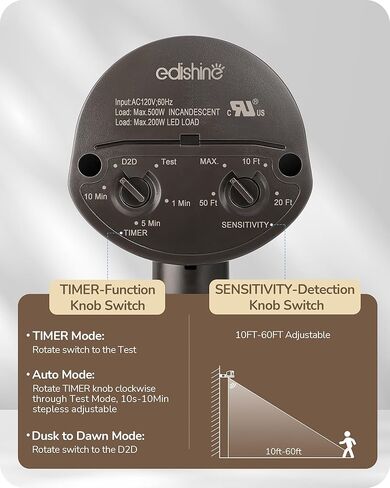 EDISHINE Motion Sensor, Automatic Dusk to Dawn, 180-Degree Replacement Motion Sensor, Adjustable Time & Detection Range Up to 60FT, Outdoor Motion Sensor for Security Floodlight, UL Listed, 2 Pack in Kuwait