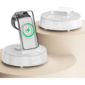 Alarm Clocks for Bedrooms with Wireless Charging Station, iPhone Charging Station with Dimmable Night Light Bluetooth Speaker, Wireless Charger for iPhone 16 15 14 13 Pro Max, Apple Watch, AirPods 3