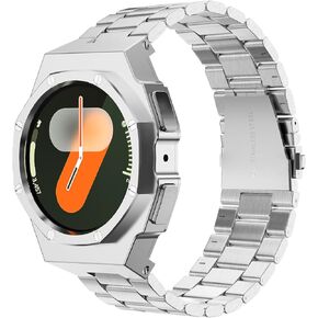 Luxury Case with Band Designed for Samsung Galaxy Watch 7 44mm 2024, Rugged Military Protective Metal Bumper Cover with Tactical Stainless Steel Strap for Men