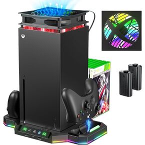 Cooling Fan Charging Stand for Xbox Series X Console Accessories, Vertical Cooler Charge System Dual Controller Charger Station Dock with 2 x 1400mAh Rechargeable Battery, 9 Light Modes, Games Storage