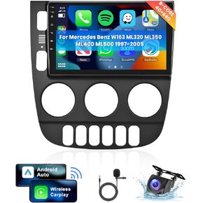 [8 CORE 4G+64G] Car Radio for Mercedes Benz W163 ML320 ML350 ML400 ML500 1997-2005 - Wireless Carplay/Android Auto, 9" Android 13 IPS Touch Screen Stereo, Bluetooth, GPS, WiFi, SWC, DSP + HD Camera