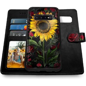 Shields Up for Galaxy S10 Wallet Case, [Detachable] Magnetic Wallet Case with Card Slots & Wrist Strap for Girls/Women, [Vegan Leather] Shockproof Cover for Samsung Galaxy S10 - Rose Flower/Sunflower