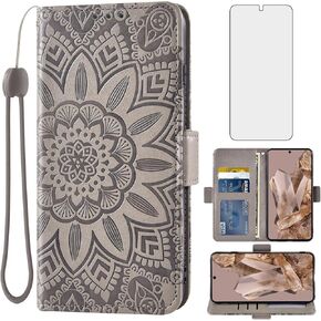 Asuwish Phone Case for Google Pixel 8 Pro 5G Wallet Cell Cover with Screen Protector Lanyard Wrist Strap Mandala Flower Zipper Card Holder Slot Stand Pixel8Pro Pixel8 XL Eight 8Pro Women Girls Gray